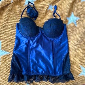 Sexy blue satin corset with navy blue lace